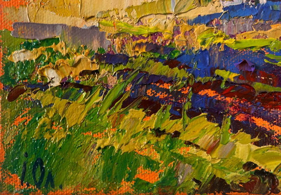 Image 1 of Original Oil Painting Summer Field Landscape The beginning of the harvest in the garden