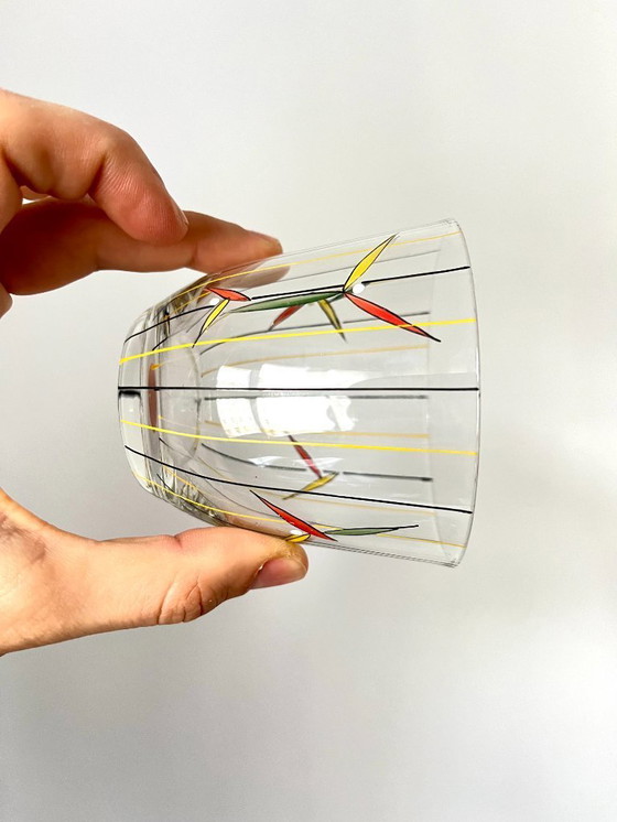 Image 1 of Set vintage di 6 bicchieri dipinti a mano di metà secolo - Articoli da bar anni '50 con design giallo e nero