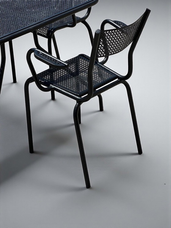 Image 1 of Set of 6 armchairs and table, in perforated metal in the style of Mathieu Matégot 1950