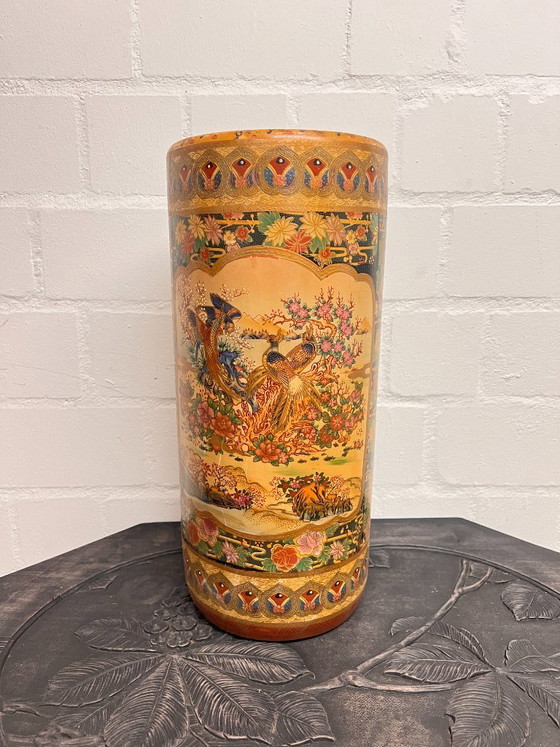 Image 1 of Vintage Satsuma large floor vase umbrella stand Japanese chinoiserie ceramic vase