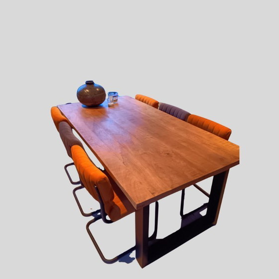 Image 1 of Set da pranzo industriale con tavolo in legno di teak e 6 sedie in velluto