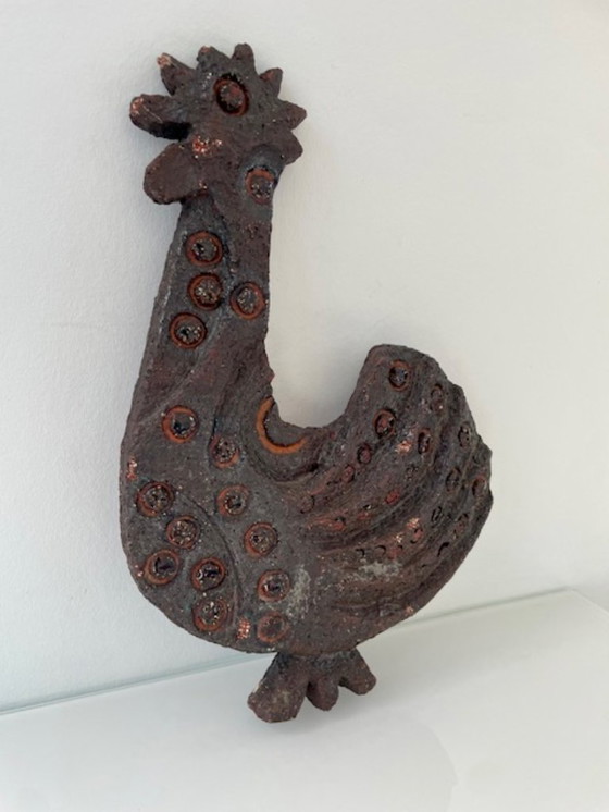 Image 1 of Zeldzame brutalistische wandsculptuur haan van keramiek