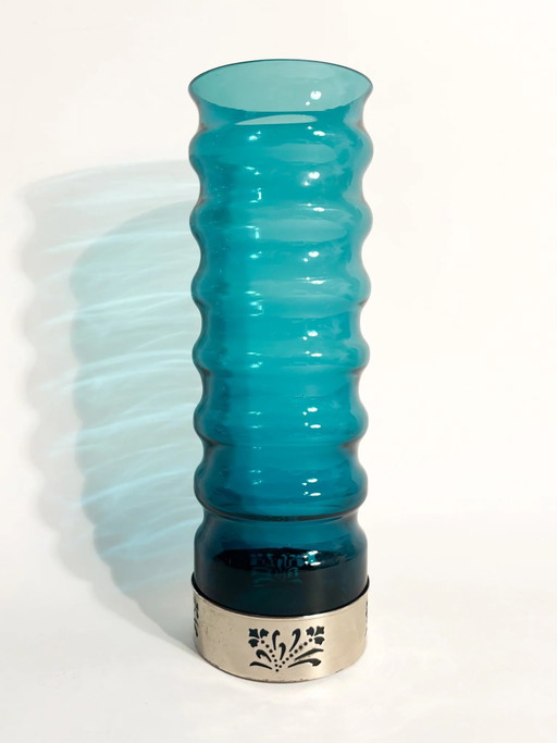 70s Cylindrical Blue Glass and Silver-Plated Metal Vase – vazen, Murano Glass