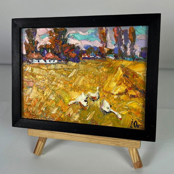Image 1 of Peinture à l'huile originale, paysage rural, oies, vie à la campagne, promenade d'automne dans le village