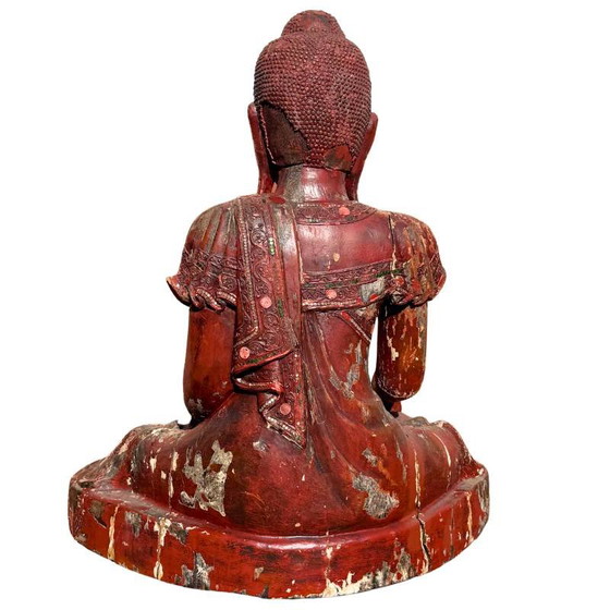 Antique Wooden Buddha Statue from Burma - Large Mandalay Buddha with Mirror Inlay – Sculpture (photo 10 of 18)