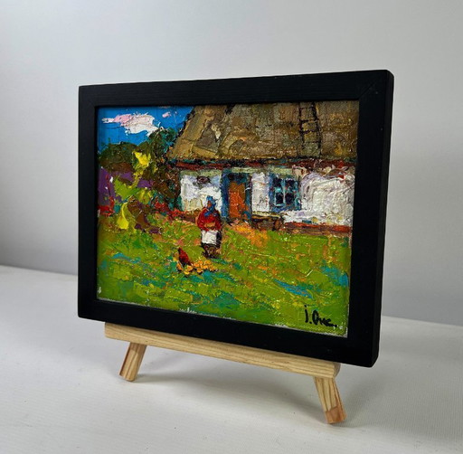 Original Oil Painting Summer Village Landscape Warm of wings and rustic silence