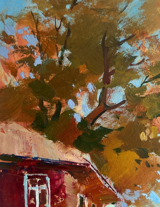 Image 1 of Original Oil Painting Autumn House Landscape Autumn golden path