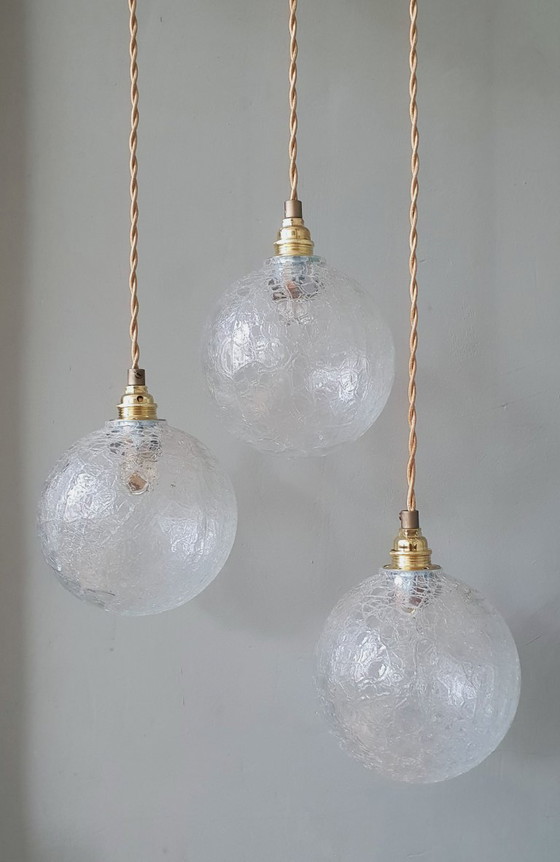 Set (3) Vintage Crackle Glass Sfera / Lampade a sospensione - Midcentury – Metal (photo 15 of 21)