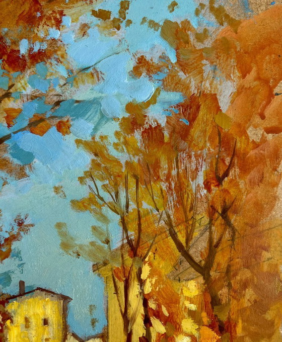 Image 1 of Pintura al óleo original Paisaje urbano otoñal Escalones en el puente de otoño