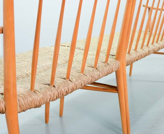 Image 1 of Large Mid-Century Design Spindle Back Bench with Rush Wickered Seatings in Style of Arno Lambrecht. Germany, 1950s. 