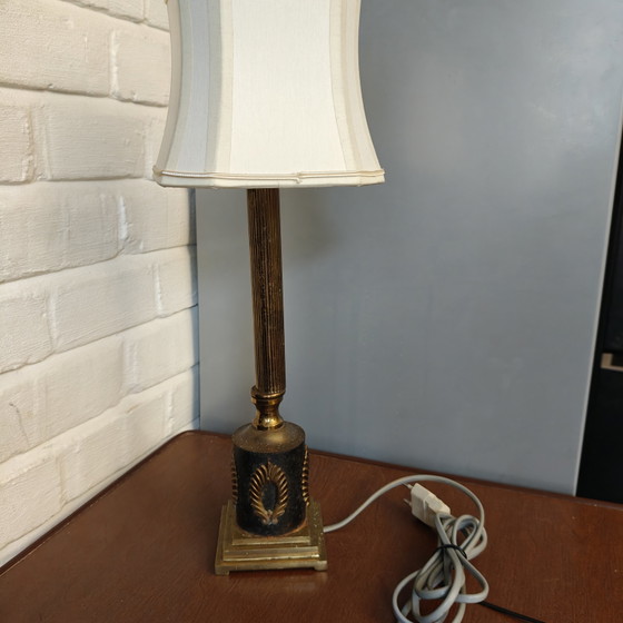 Image 1 of Vintage Hollywood Regency Brass Table Lamp with Original Eight-Sided Shade