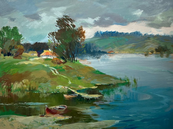 Image 1 of Pintura al óleo original Paisaje fluvial costero Río cerca del pueblo
