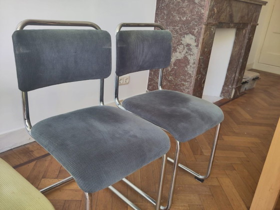 Image 1 of Set van 6 Dutch Originals Gispen Buisframe Eetkamerstoelen (zwart, groen, grijs/blauw)