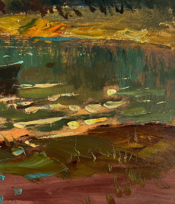 Image 1 of Original Oil Painting Evening Coastal Landscape Orange sunset over the river