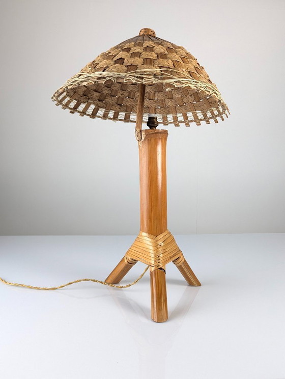 Image 1 of Bamboo and Rattan Table Lamp with Woven Shade, 1950s
