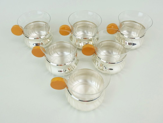 Image 1 of 6 tea glasses in chrome-plated metal holders with bakelite handles, art deco, 1930s 40s