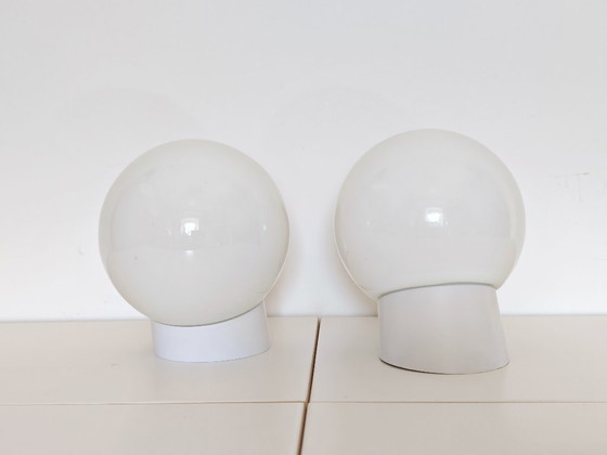 Image 1 of Vintage Wall Lamp / Set of 2 White Opal Globe Sconces/ Ceiling Light / Mid Century / Yugoslavia 1960's / Ceiling Light Cover