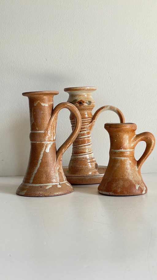 3 Bougeoirs Poterie Artisanale Vintage