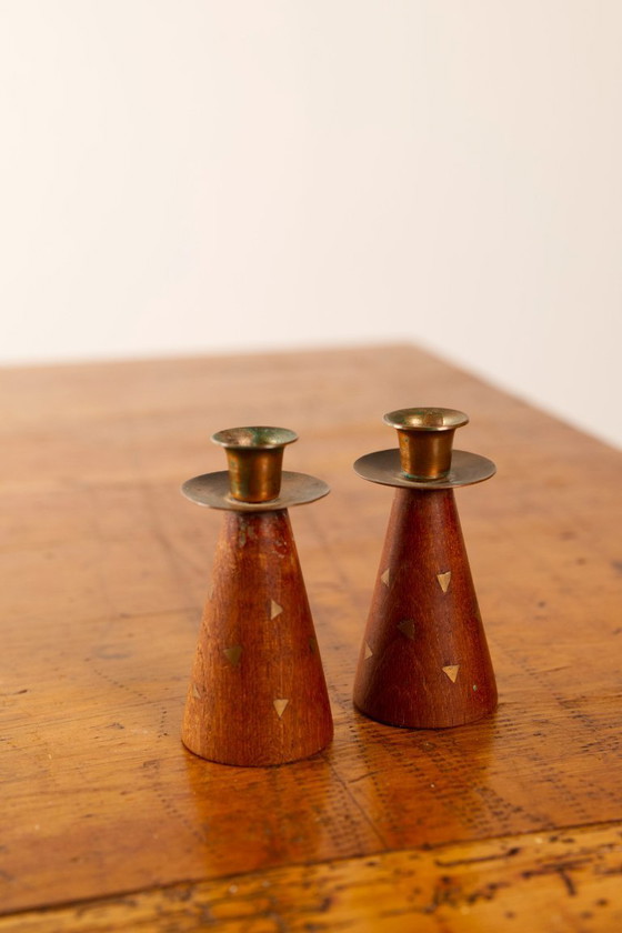 Image 1 of 2x Vintage Small teak and brass triangle inlay candle sticks