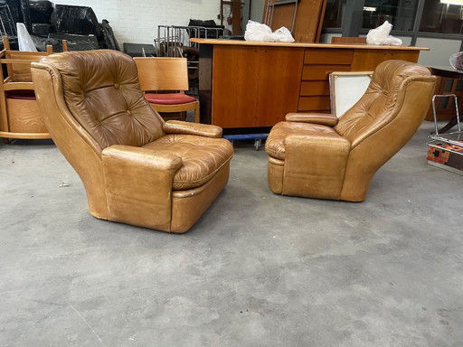 Chaises longues en cuir cognac, design italien vintage des années 1970