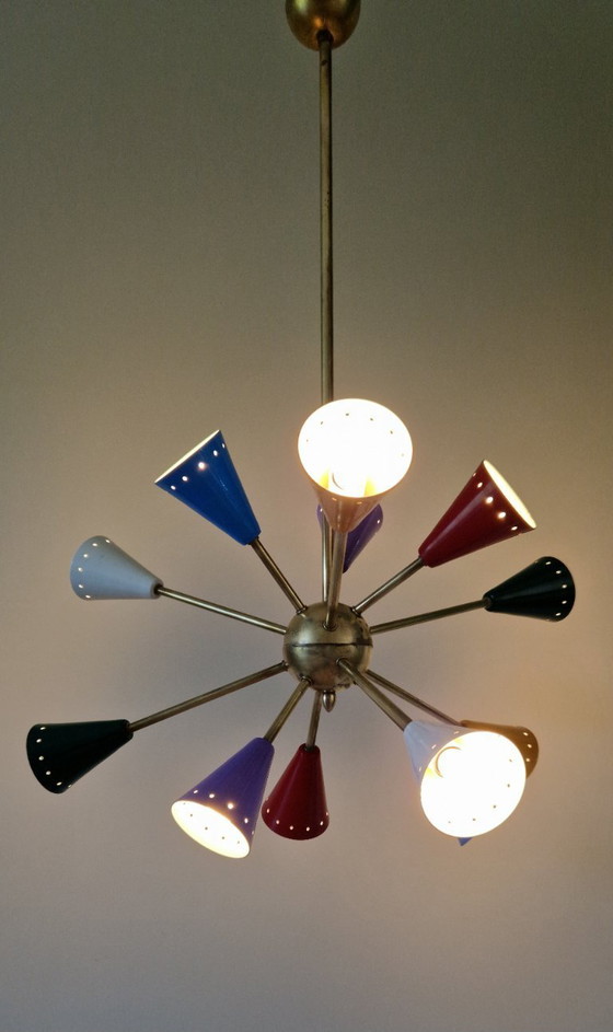 Image 1 of Vintage Stilnovo Sputnik chandelier, Italian mid-century style, brass