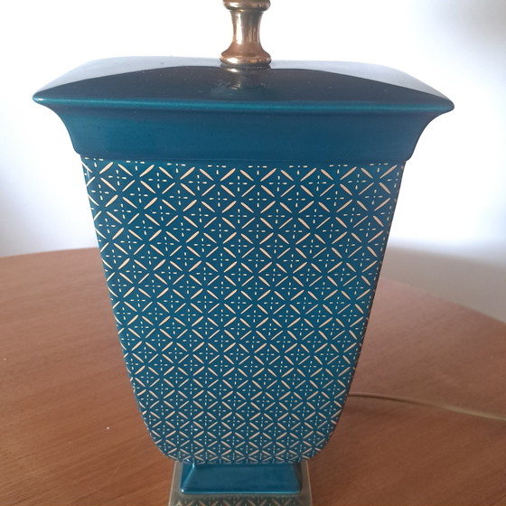 Viva Villa Pagoda Table Lamp 1970s – Teal Gold – French Hollywood Regency – Ceramic, Silk (photo 9 of 11)