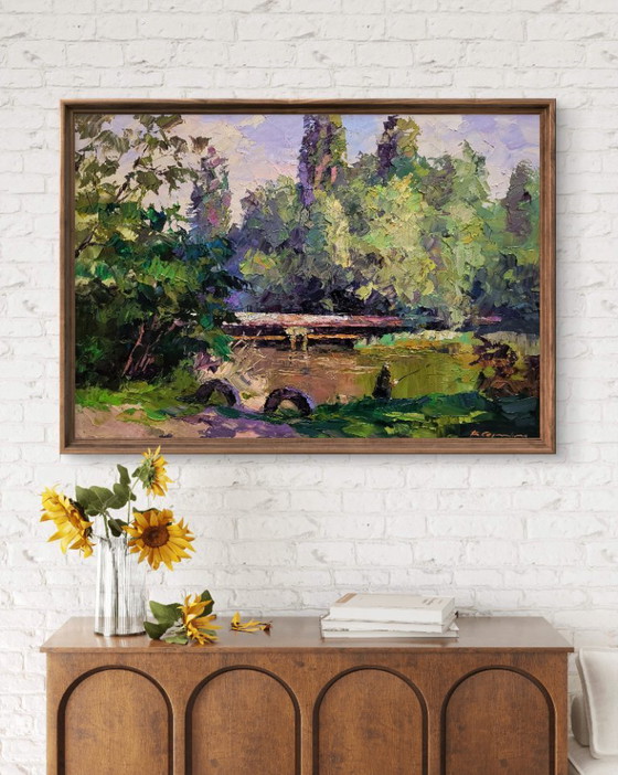 Original Oil Painting Summer Nature Landscape Bridge Alone With The River – Paintings & Drawings, Canvas (photo 2 of 7)