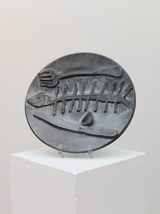 Image 1 of Brutalist Mid Century Vanitas Ceramic Plate with Silver Oxide Glaze