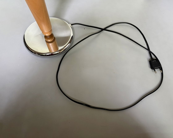 Image 1 of Vintage lamp with wooden and chrome base and fabric shade