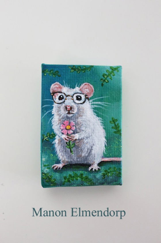 Image 1 of Handgeschilderd Muizen Schilderijtje : Muis met Bloem