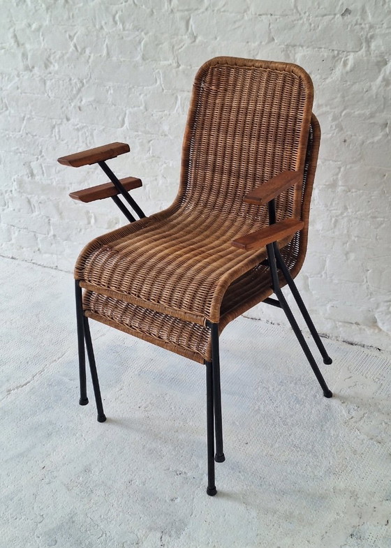 Pair of Rattan and Iron Stackable Elbow Chairs by Gian Franco Legler, Switzerland, 1960s – Dining chairs (photo 7 of 10)