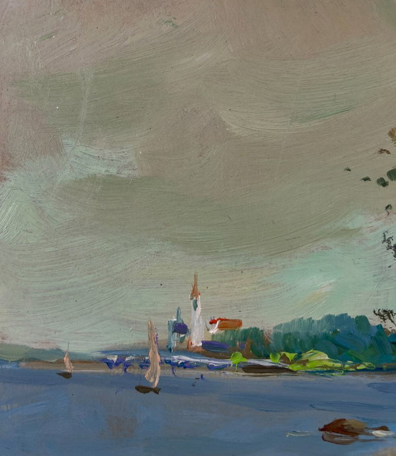 Image 1 of Original Oil Painting Summer Beach Landscape Boat near the shore