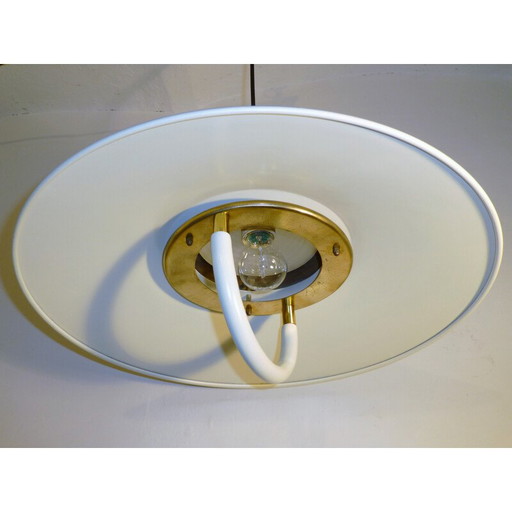 Vintage wit metalen, messing en glazen hanglamp, 1960