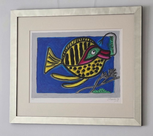 Corneille - Poisson Surréaliste sur Bleu - E.A - 1999 - Signé à la main