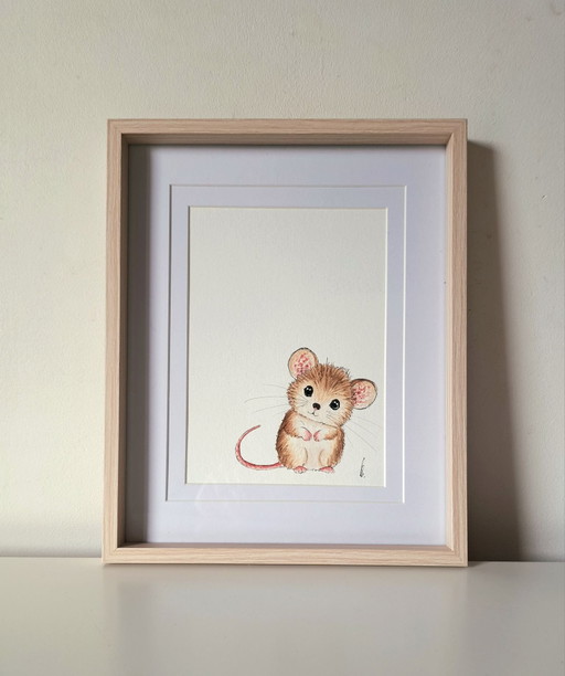 Peinture aquarelle petite souris dans le coin | Encadrée