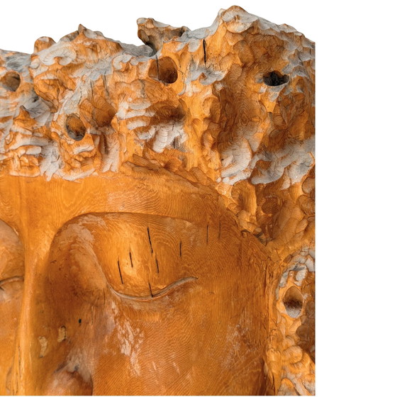 Monumentale Vintage Kwan Yin Muur Beeldhouwkunst – Brutalistisch Houtsnijwerk ca. 1970–1990 – 159 cm – Wood (photo 7 of 11)