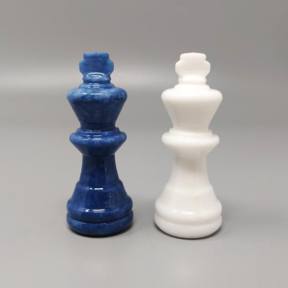 Image 1 of 1970s Elegant Blue and White Chess Set in Volterra Alabaster Handmade. Made in Italy