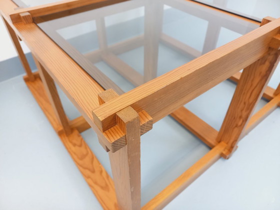 Image 1 of Vintage square coffee table in pine and smoked glass from the 70s/80s