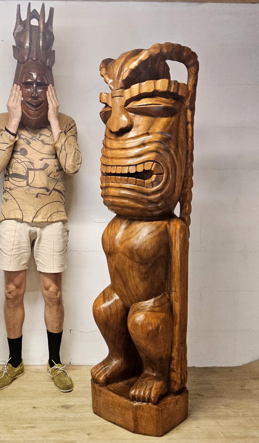Life-size solid wooden Tiki statue Ku 179cm Hawaiian god / large XXL wooden statue Polynesia