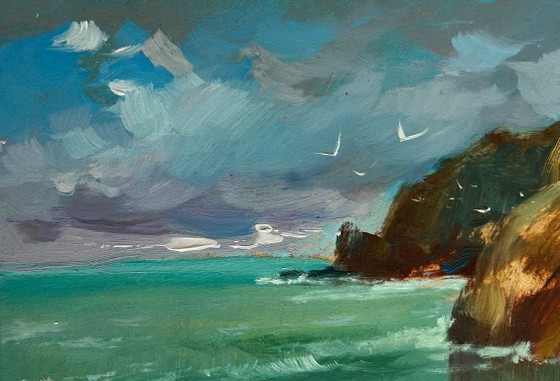 Image 1 of Original Oil Painting Sea Rock Landscape Great Day to Go Fishing