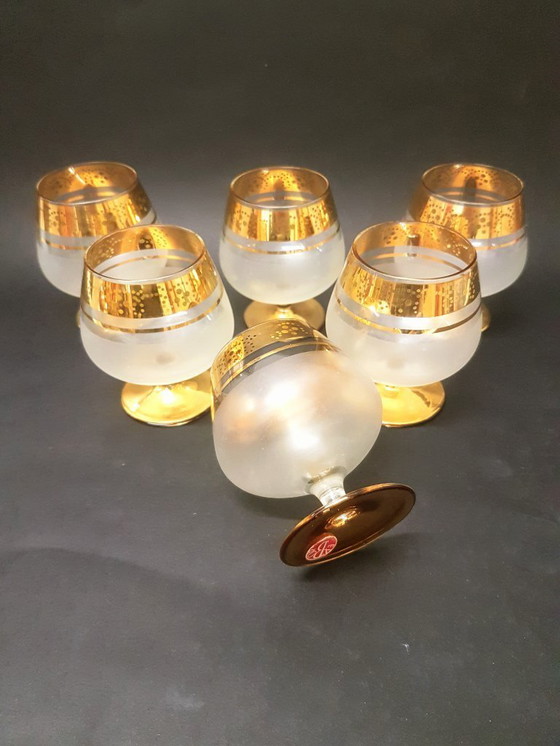 Image 1 of 6 bicchieri in cristallo con ornamento placcato oro / Exbor