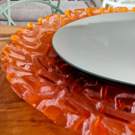 Image 1 of Large Mid-Century German Modern Oval Orange Acrylic Backlit Wall Mirror Light attributed to Hillebrand, 1970s