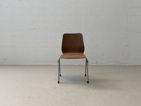 4 Sedie Impilabili – Impiallacciatura in Legno & Cromo, Stile Mid-Century – Poltrone, Vintage (photo 5 of 14)