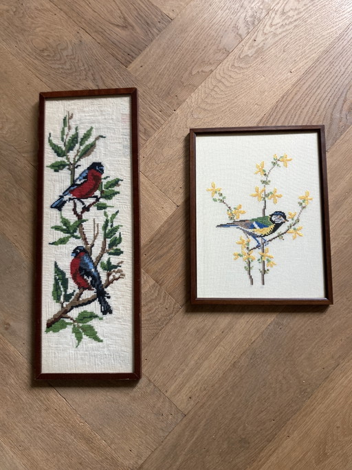 Pájaro bordado enmarcado – wanddecoratie, Textile, Wood