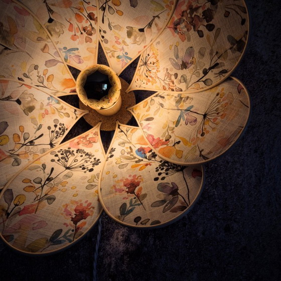 Image 1 of Flower wall lamp, Nymphéa model, 8 petals in rattan and fabric (customizable shade)