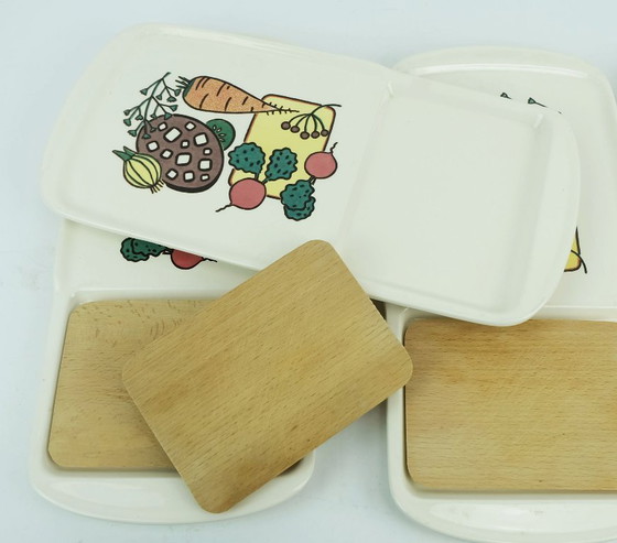 Image 1 of set of 4 waechtersbach SNACK PLATTERS vegetable plate ceramic with wooden insert 1950s 60s