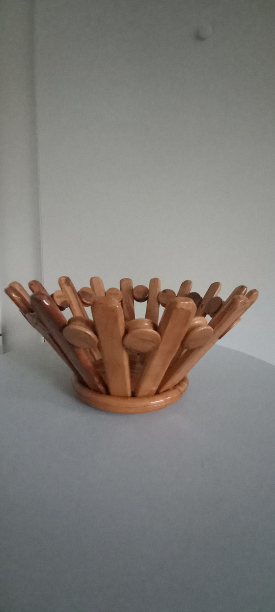 Image 1 of Vintage houten fruitschaal broodmand wooden craft jaren '70