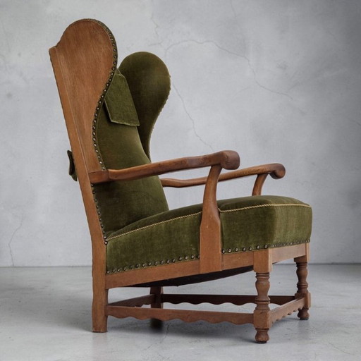 1960er, dänischer Ohrensessel, Möbelvelours, Eichenholz.