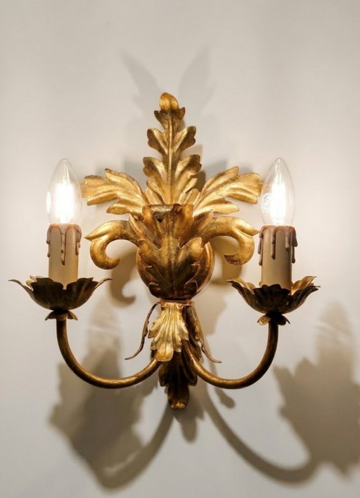 Vintage Florentijnse vergulde metalen wandlamp – Illuminazione d’Arte, Florence, jaren 1960