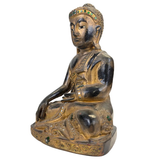 Birmaans verguld houten Boeddha met glasinleg – Mandalay-stijl Myanmar – Beeldhouwkunst, Wood, Gold (photo 8 of 11)